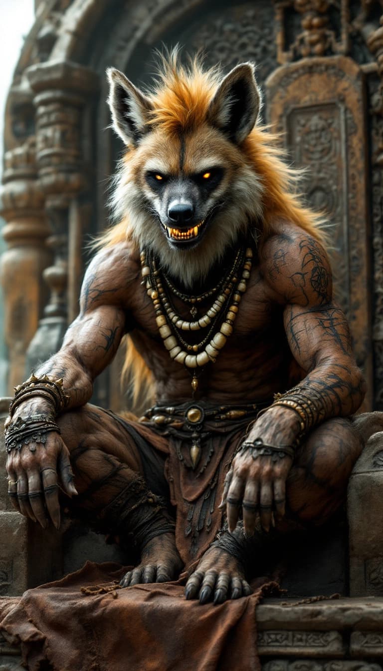 anthro hyena (head of a hyena, body of a man) Shirtless, muscular, and scarred in the warrior way. His fur is a bit scruffy, wild—mismatched eyes, big grin with a gold tooth. Wears layered tribal jewelry—bone necklaces, bronze rings, leather armbands. Maybe even body paint, ancient markings.
perched on a stone throne, one leg draped over the armrest, staring with teeth bared in a half-laugh.
Deep desert ruins golden hour light, bones or feathers scattered, a sacred artifact in the background. Raw, feral energy. He’s beautiful but untamed. A beast you summon, not tame.
