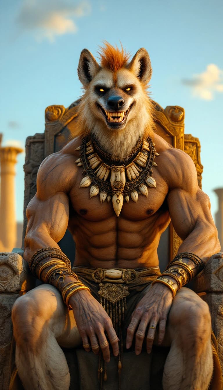 anthro hyena (head of a hyena, body of a man) Shirtless, muscular, and scarred in the warrior way. His fur is a bit scruffy, wild—mismatched eyes, big grin with a gold tooth. Wears layered tribal jewelry—bone necklaces, bronze rings, leather armbands. Maybe even body paint, ancient markings.
perched on a stone throne, one leg draped over the armrest, staring with teeth bared in a half-laugh.
Deep desert ruins golden hour light, bones or feathers scattered, a sacred artifact in the background. Raw, feral energy. He’s beautiful but untamed. A beast you summon, not tame.